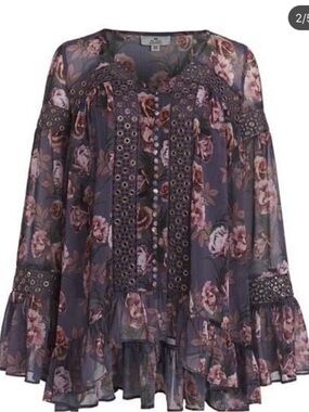 We are Kindred Floral Sheer Ruffle Blouse with grommets- Dusty Rose/purple top